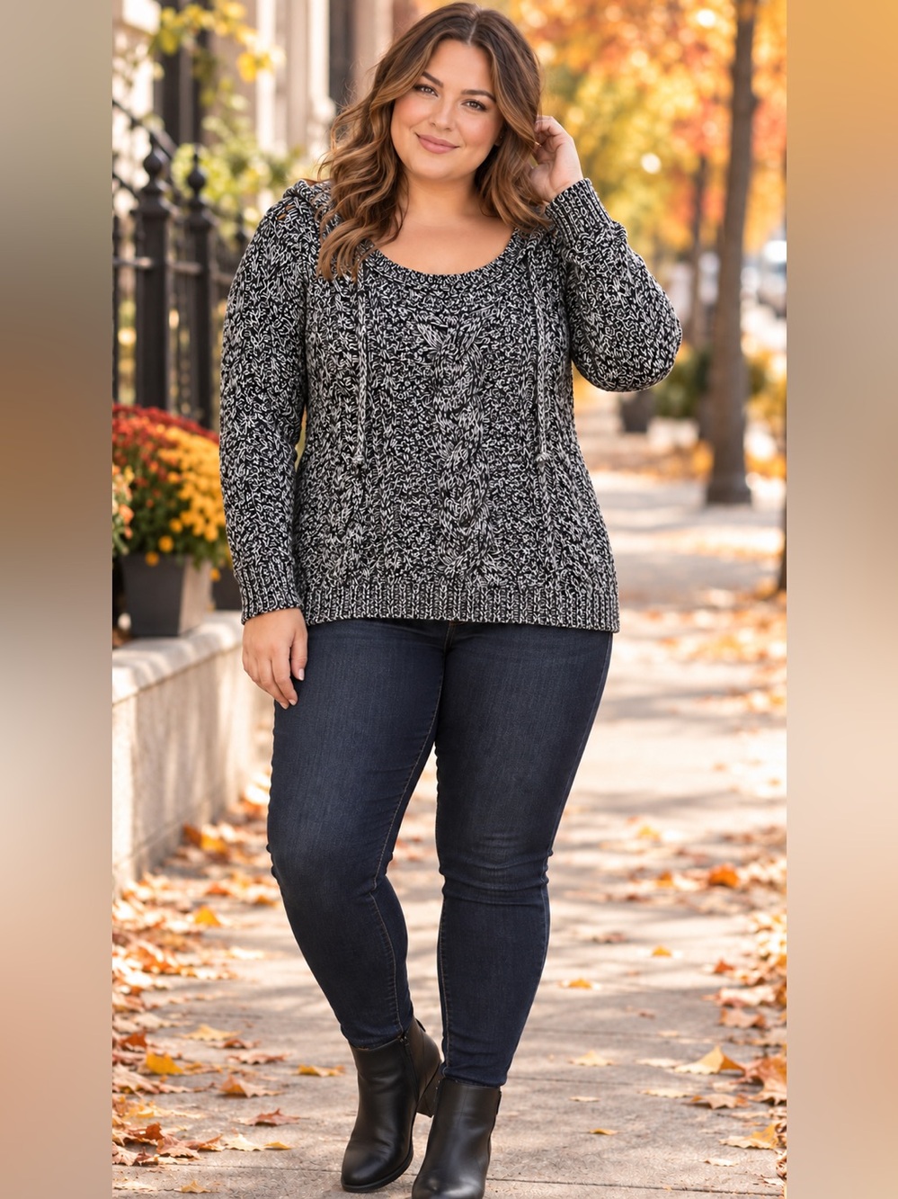 Torrid Black & White Marled Cable Knit Sweater